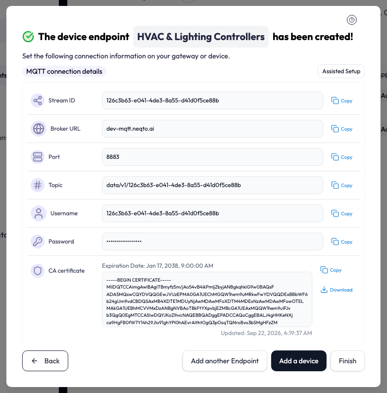 The summary after creating an MQTT endpoint named HVAC and Lighting Controllers, headed The device endpoint has been created. An MQTT connection details label sits beside an Assisted Setup button. Rows for Stream ID, Broker URL, Port, Topic, Username and a masked Password each have a Copy button, and the CA certificate row shows its expiry date with Copy and Download. Back, Add another Endpoint, Add a device and Finish buttons sit at the bottom.