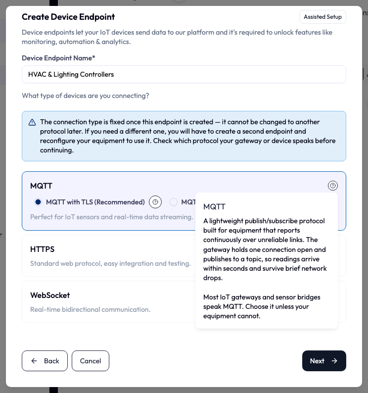 The same form with the MQTT card's question-mark icon opened. A popover titled MQTT describes it as a lightweight publish and subscribe protocol for equipment that reports continuously, and recommends choosing it unless your equipment cannot.