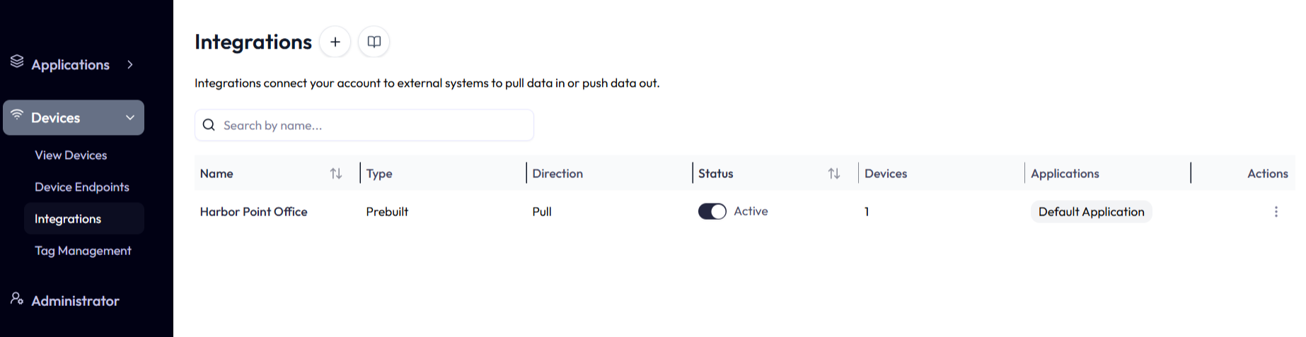The Integrations list in NEQTO.ai with one row. The row reads the integration name, type Prebuilt, direction Pull, a Status switch turned on with the label Active, one device, the application it belongs to, and an actions menu.