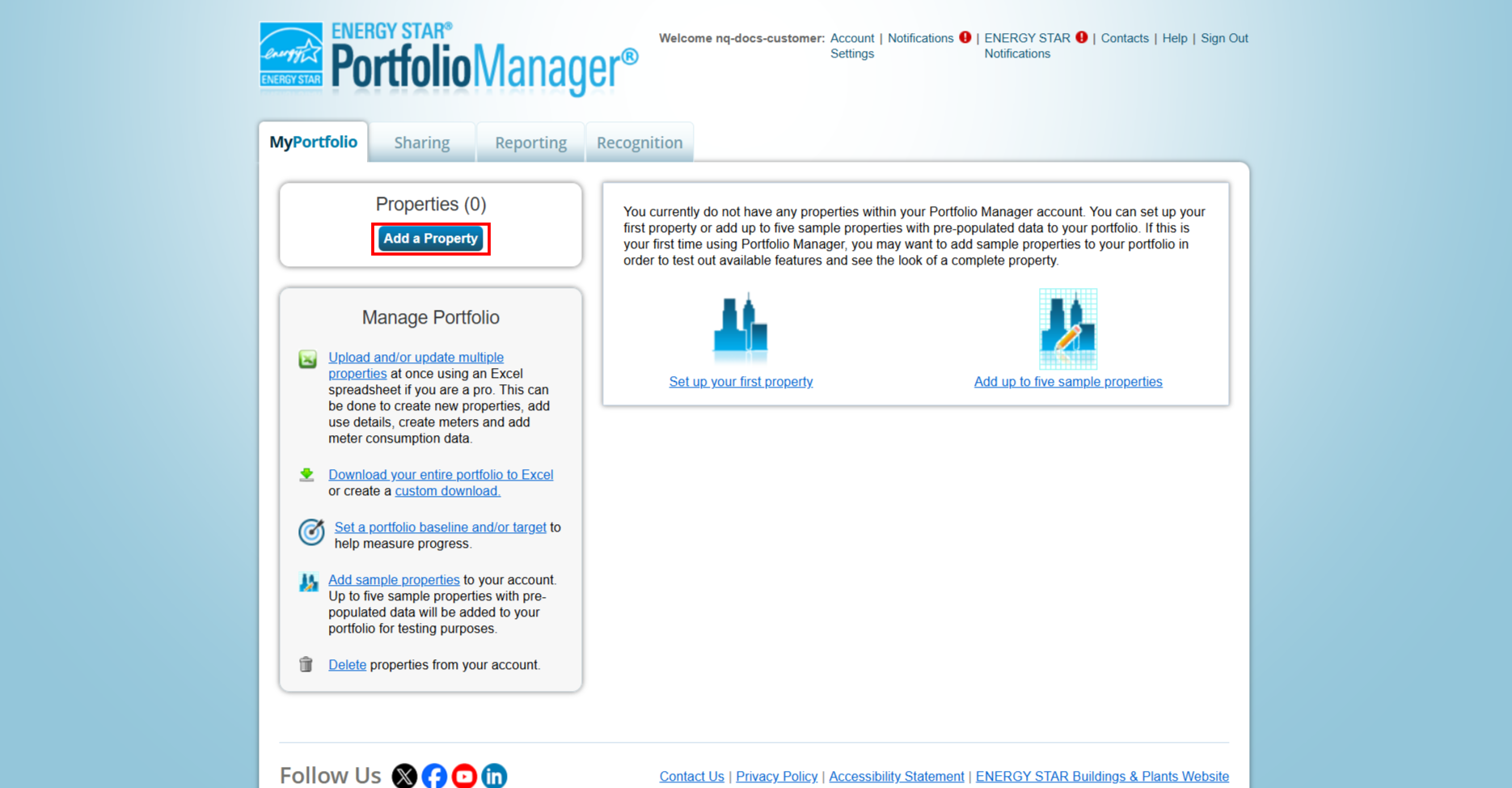 The MyPortfolio tab in Portfolio Manager for an account with no properties yet. A Properties (0) panel holds the Add a Property button, highlighted. A Manage Portfolio panel below lists links for uploading properties from a spreadsheet, downloading the portfolio, setting a baseline, adding sample properties, and deleting properties. On the right, a panel explains that the account has no properties and offers Set up your first property and Add up to five sample properties.