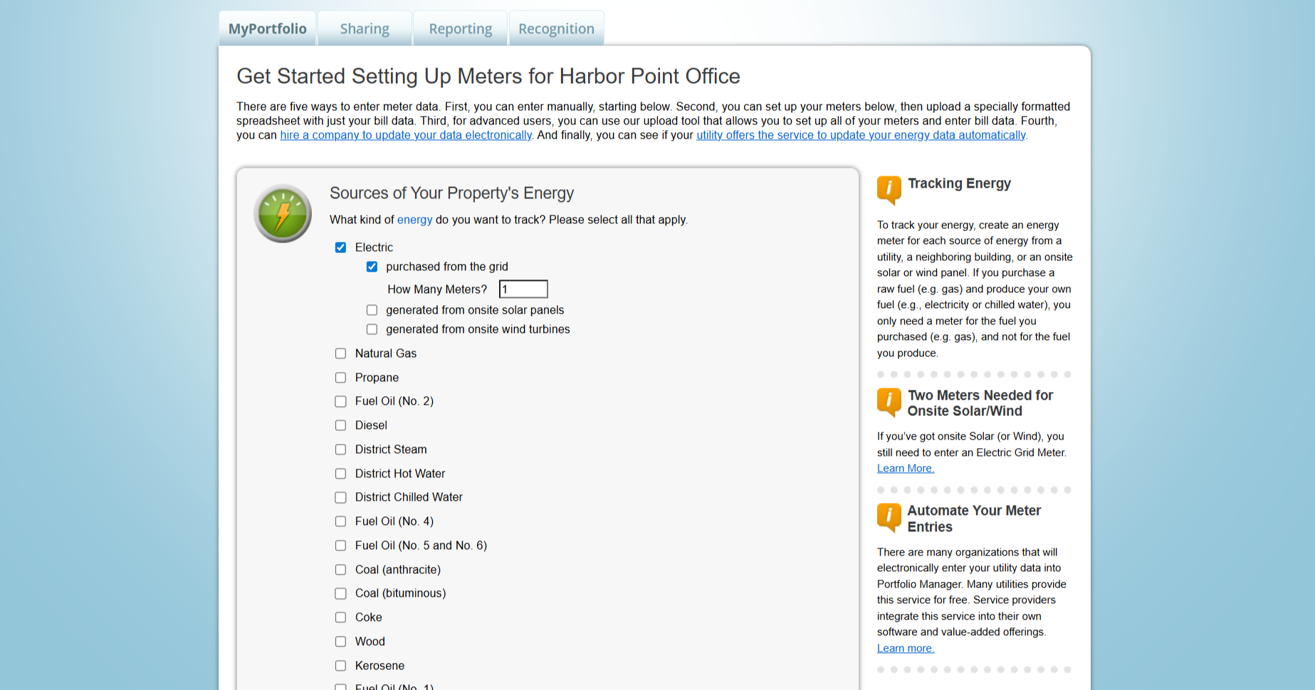 The Get Started Setting Up Meters page in Portfolio Manager for a property. Under Sources of Your Property's Energy, Electric is ticked with purchased from the grid ticked beneath it and How Many Meters set to 1. The remaining sources such as Natural Gas, Propane, Fuel Oil, Diesel, District Steam, District Hot Water, and District Chilled Water are unticked. Side panels explain how to track energy, that onsite solar or wind still needs a grid meter, and how to automate meter entries.