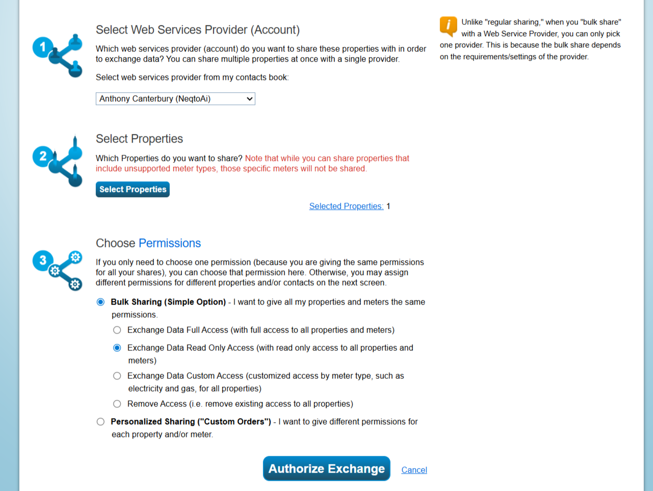The Share Properties for Exchanging Data page in Portfolio Manager. Step 1, Select Web Services Provider, shows the platform account chosen in the contacts dropdown. Step 2, Select Properties, shows a Select Properties button and Selected Properties: 1. Step 3, Choose Permissions, has Bulk Sharing (Simple Option) selected with Exchange Data Read Only Access chosen among Exchange Data Full Access, Exchange Data Custom Access, and Remove Access. A Personalized Sharing (Custom Orders) option sits below, and the Authorize Exchange button is at the bottom.