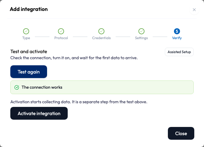 The Verify step of the Add integration wizard, step 5 of five. It is headed Test and activate, with the line Check the connection, turn it on, and wait for the first data to arrive. A Test again button sits above a green panel reading The connection works. Below that panel is the line Activation starts collecting data. It is a separate step from the test above, and under it an Activate integration button.