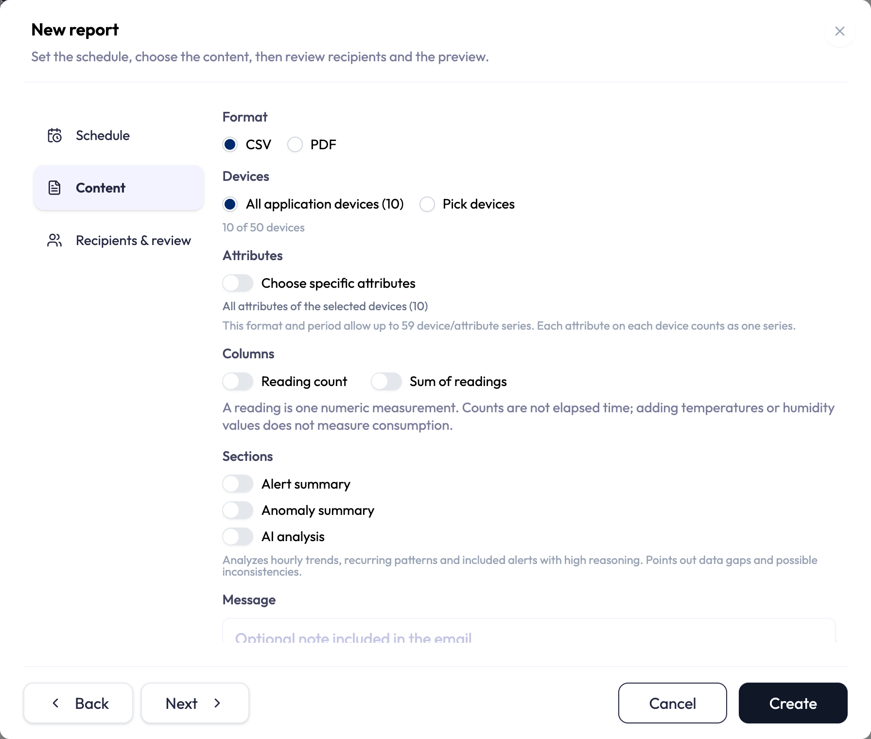 New report dialog on the Content step. Format offers CSV or PDF with CSV selected. Devices offers All application devices, counting ten, or Pick devices, annotated 10 of 50 devices. Attributes has a Choose specific attributes toggle switched off and reads All attributes of the selected devices, counting ten, above a note that this format and period allow up to 59 device and attribute series. Columns offers Reading count and Sum of readings, both off, above a note that a reading is one numeric measurement. Sections offers Alert summary, Anomaly summary and AI analysis, all off.