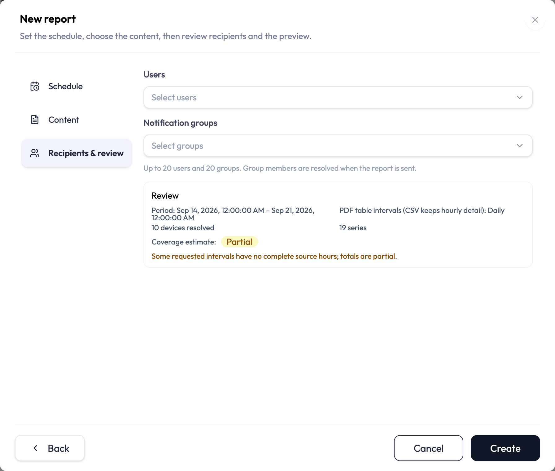 New report dialog on the Recipients and review step. Users and Notification groups selects are both empty, above a note reading Up to 20 users and 20 groups, group members are resolved when the report is sent. A Review panel gives the period as one week of September 2026, ten devices resolved, nineteen series, PDF table intervals daily with CSV keeping hourly detail, and a Coverage estimate badge reading Partial, explained beneath as some requested intervals having no complete source hours so totals are partial.