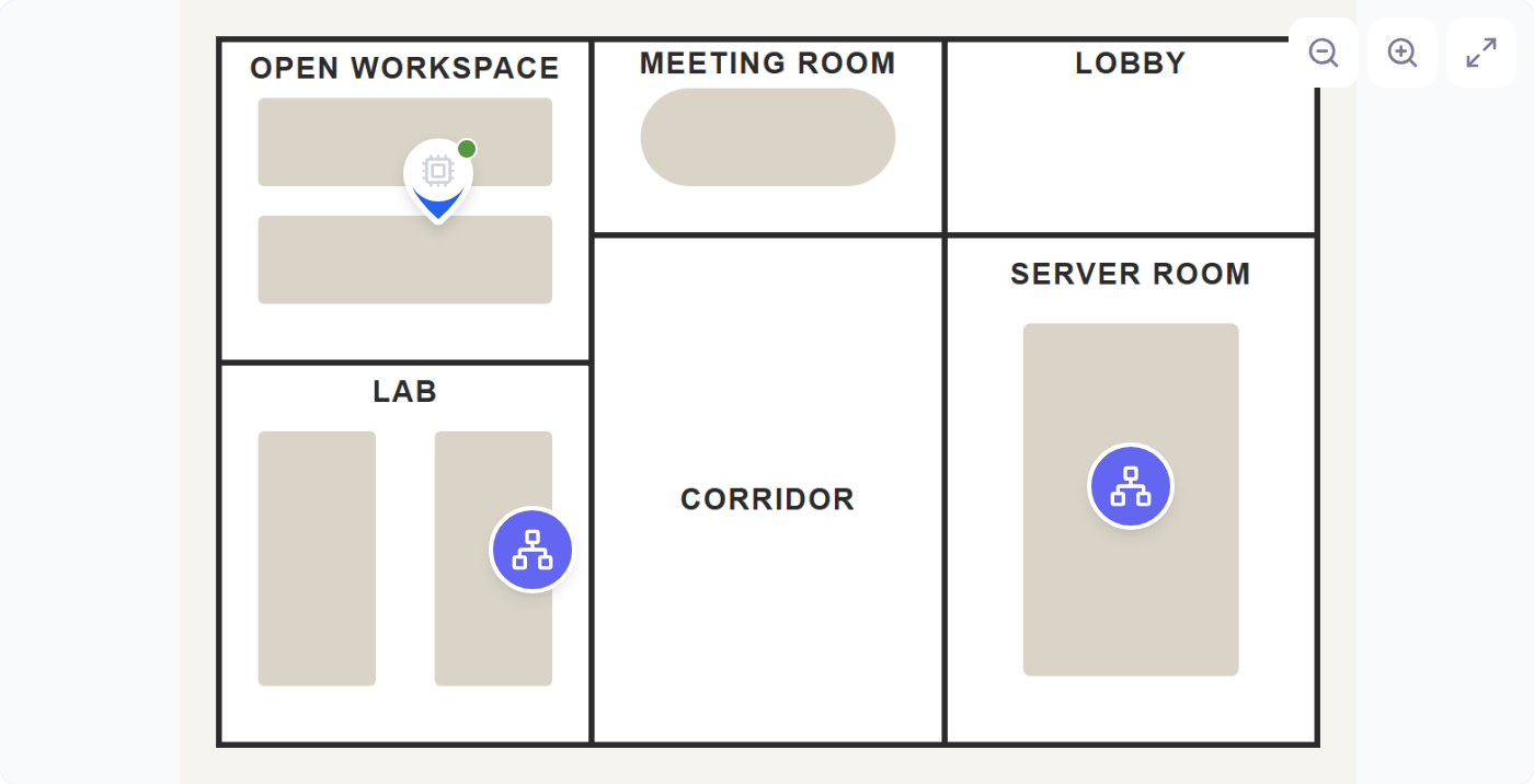 The Tokyo Office System's image map: a schematic floor plan with one blue device pin carrying a green status dot in the open workspace, and two round child-System pins for Floor 3 and Server Room, with zoom in, zoom out, and full-screen controls at the top right of the canvas.