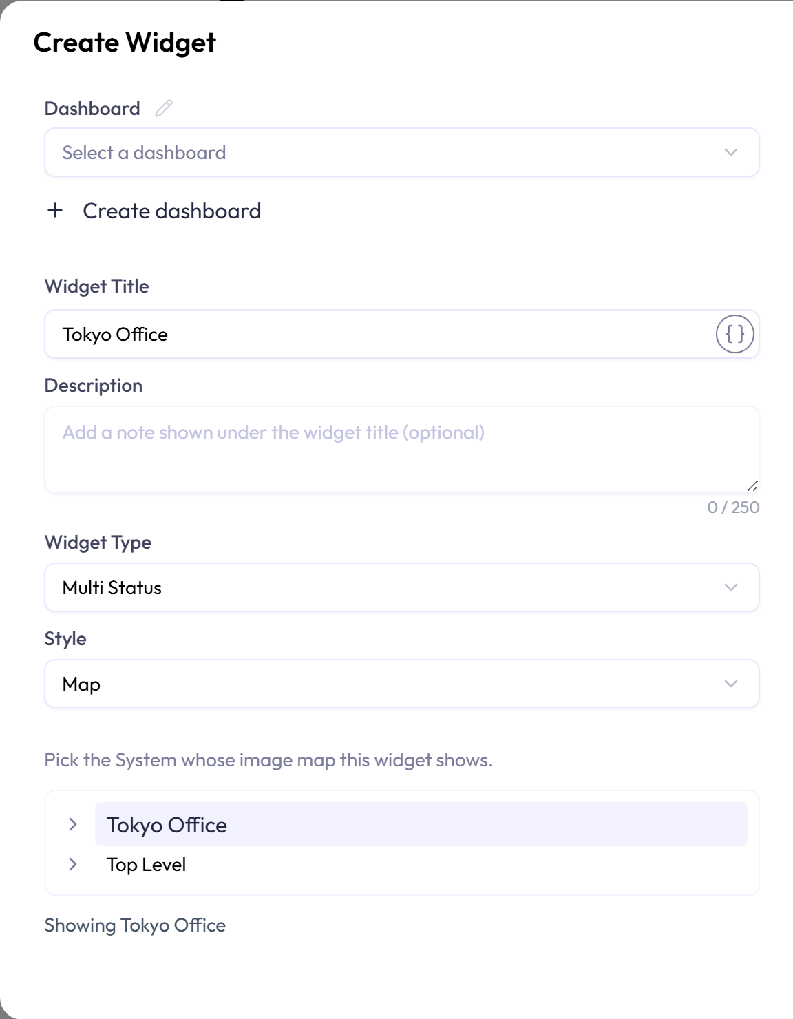 The settings column of the Create Widget editor opened from the Tokyo Office System's Add to dashboard button: the Dashboard field waits for a choice, the title is prefilled with Tokyo Office, Widget Type reads Multi Status and Style reads Map, and the System panel reads Pick the System whose image map this widget shows, with the tree picker listing Tokyo Office and the note Showing Tokyo Office. There is no AI field at the top of this editor.