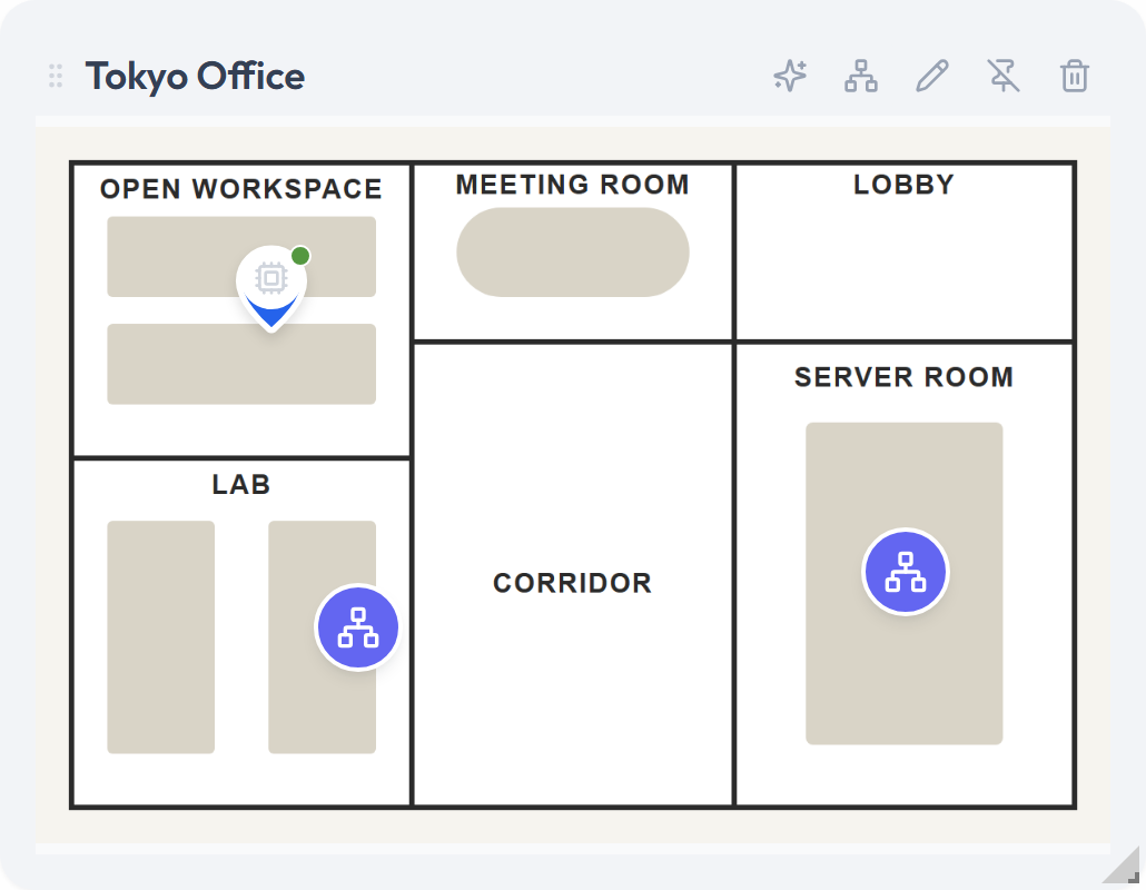 A System map widget titled Tokyo Office on a dashboard, showing the floor plan with two device pins and two child-System pins. The header controls are visible with the pointer on the Open System button, between Ask AI and Edit.
