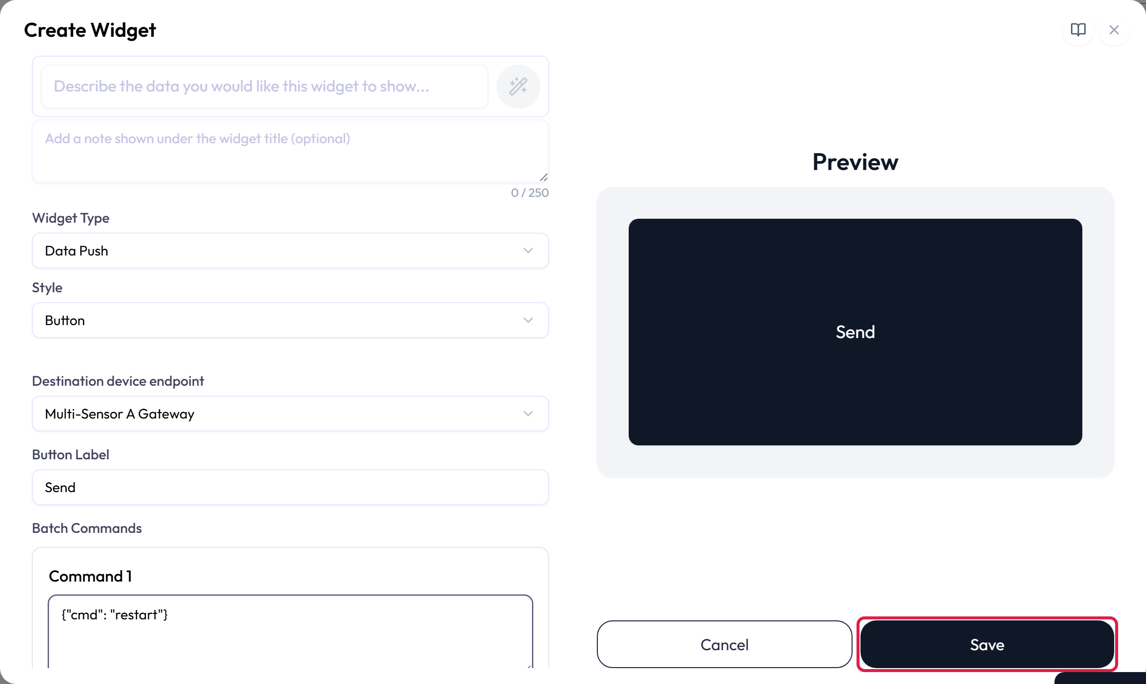 Completed Button-style Data Push widget configuration with the Save button at the bottom right of the dialog highlighted by a red box.