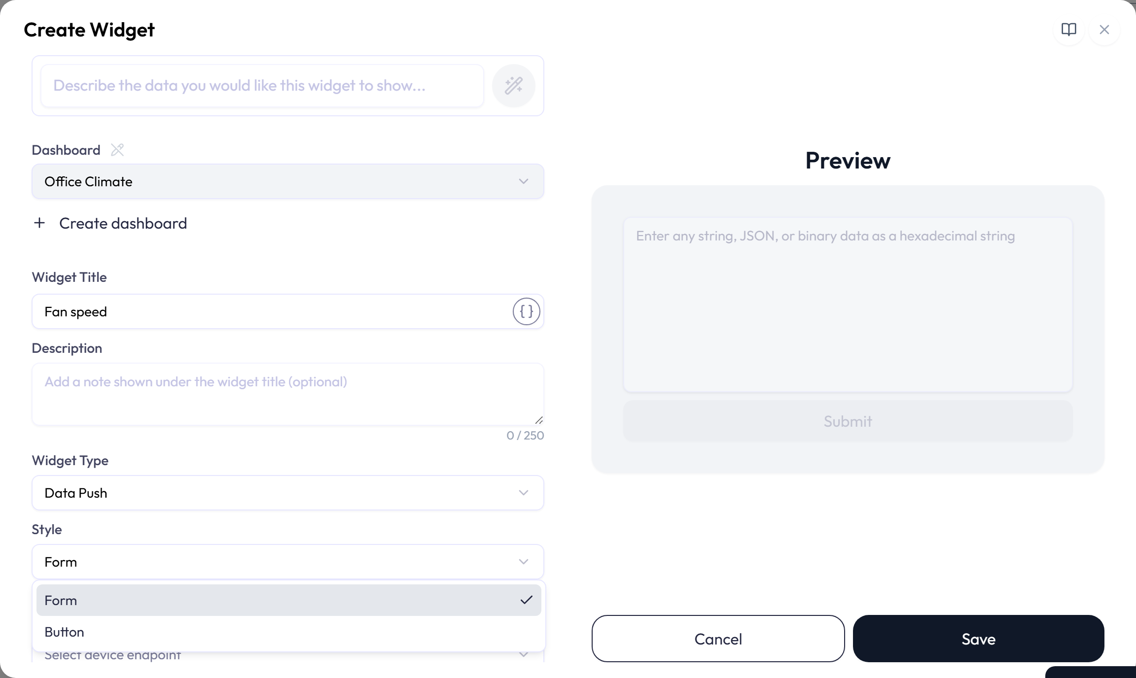 Style menu for a Data Push widget with Form selected and Button available. Button Label and Default Payload fields appear below, with a Form-style widget in Preview.