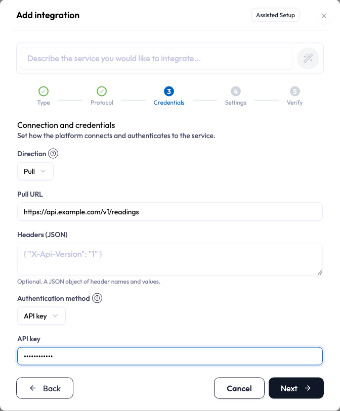 Wizard step 3 (Credentials), headed Connection and credentials. Direction is set to Pull, a Pull URL field holds an example HTTPS address, an optional Headers (JSON) field is empty, the authentication method is API key, and the API key field below it is masked. Direction and Authentication method each carry a question-mark button.