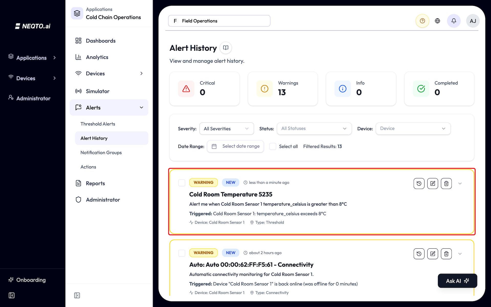 Alert History with severity summaries and Severity, Status, Device and Date Range filters. A red outline marks the first event card, which shows its severity, status, trigger details, device, and history, edit and delete controls.