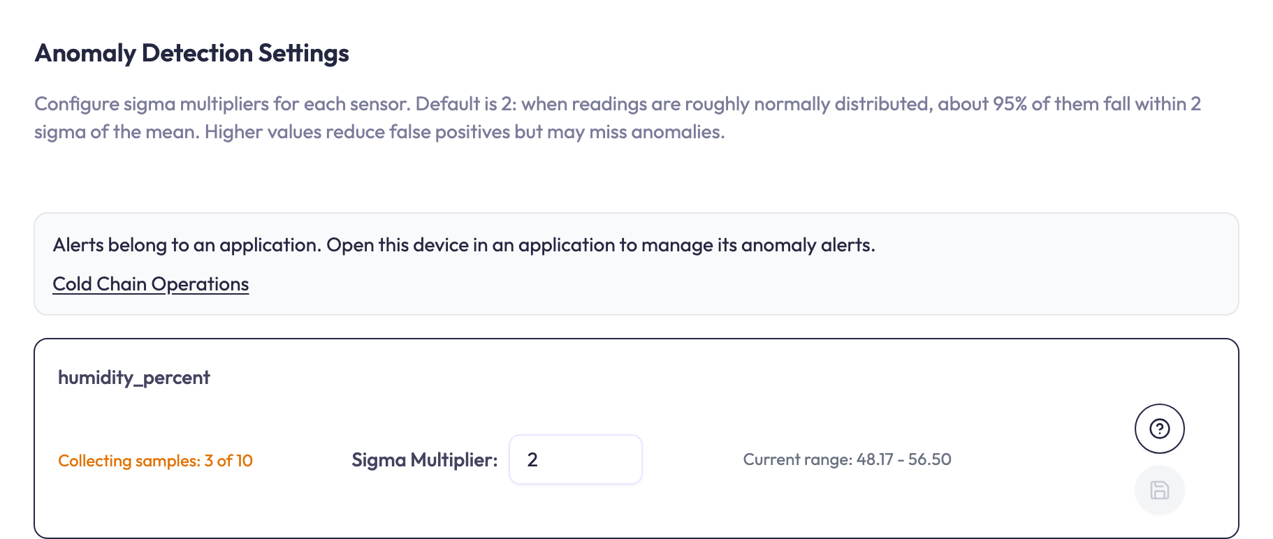 Anomaly Detection Settings opened from the account-level Devices list. A sensor shows Collecting samples: 3 of 10, Sigma Multiplier 2 and a current range. A link opens its application's anomaly alert settings.