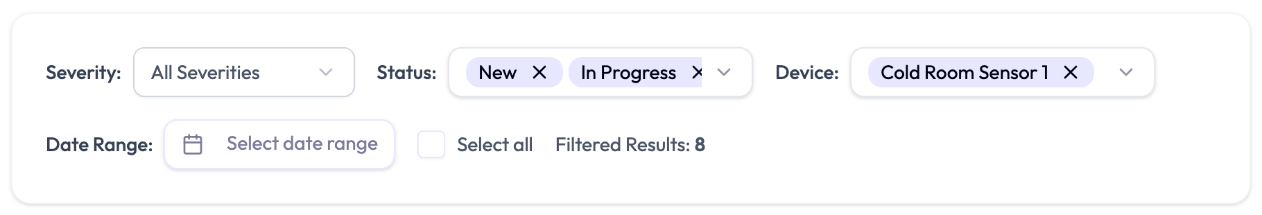 Alert History filters with New and a clipped In Progress chip visible under Status, one selected device, and eight results. Severity is All Severities and Date Range is empty.