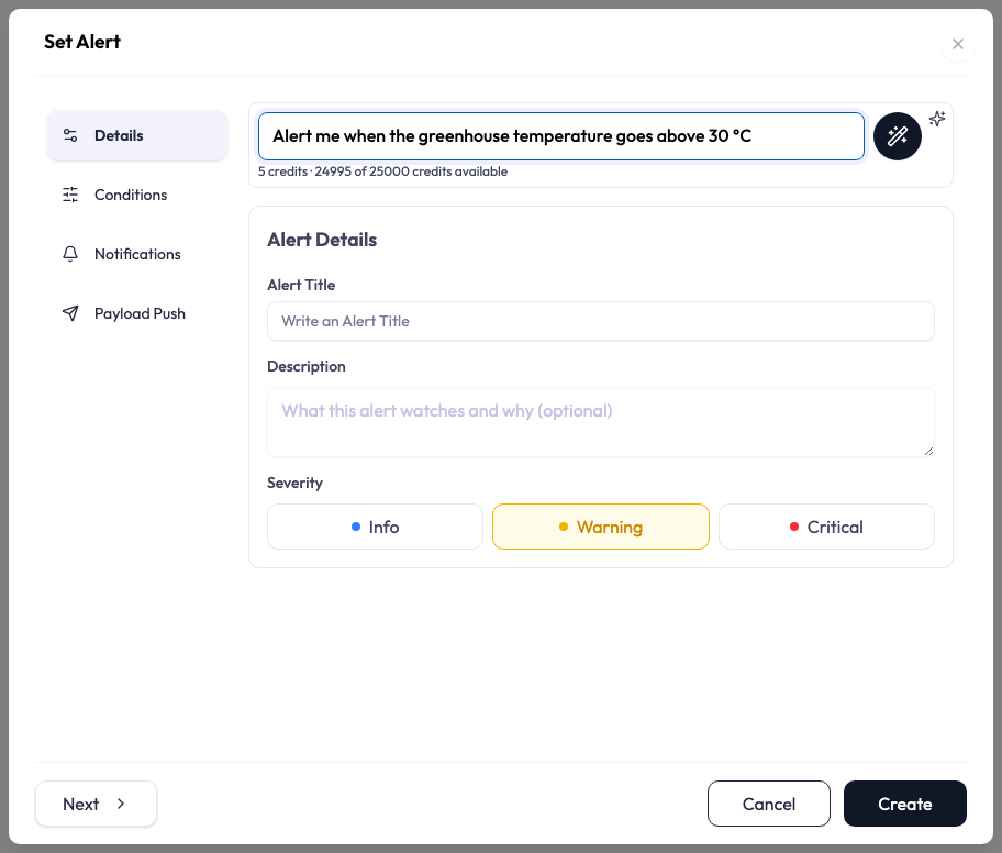 Set Alert dialog with a request typed in the assistant field at the top and, below the field, its price in credits and the credits available