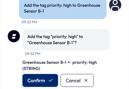 Ask AI asking whether to add the tag priority: high to Greenhouse Sensor B-1, with the device and tag listed above Confirm and Cancel buttons