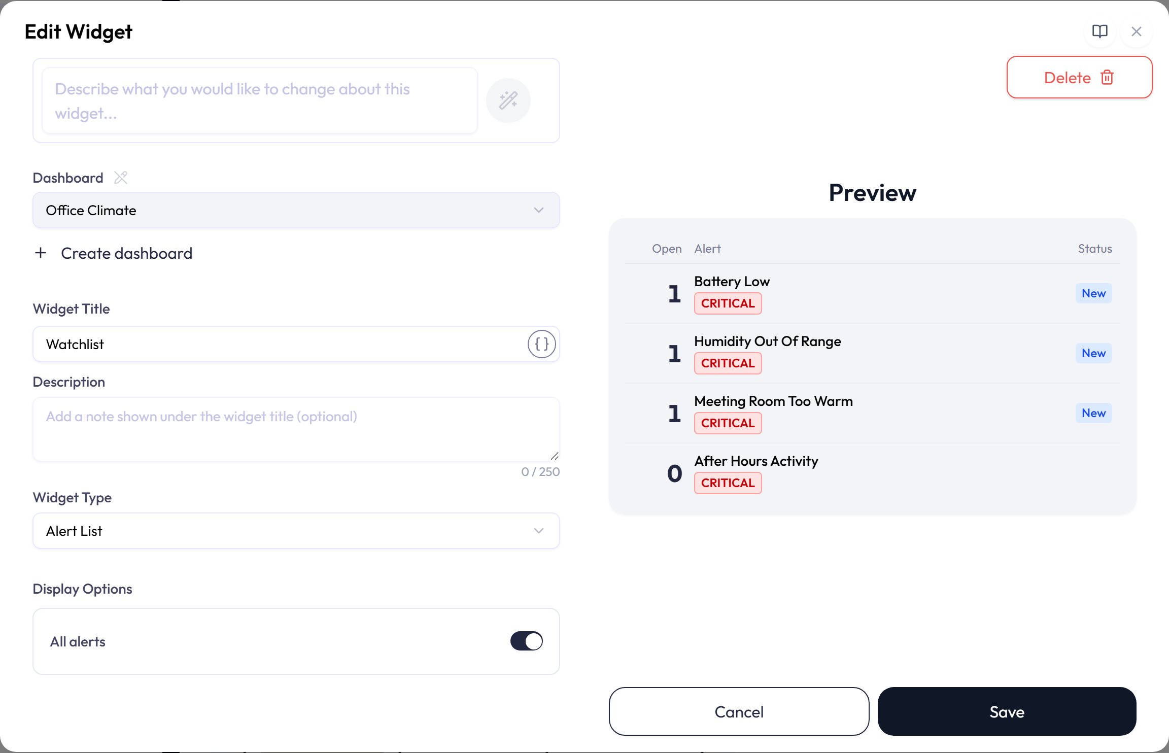 Alert List settings with the All alerts switch on in a Display Options box, below the Dashboard, Widget Title, Description, and Widget Type fields. The preview lists four alerts with their Open counts, CRITICAL badges, and New status menus.