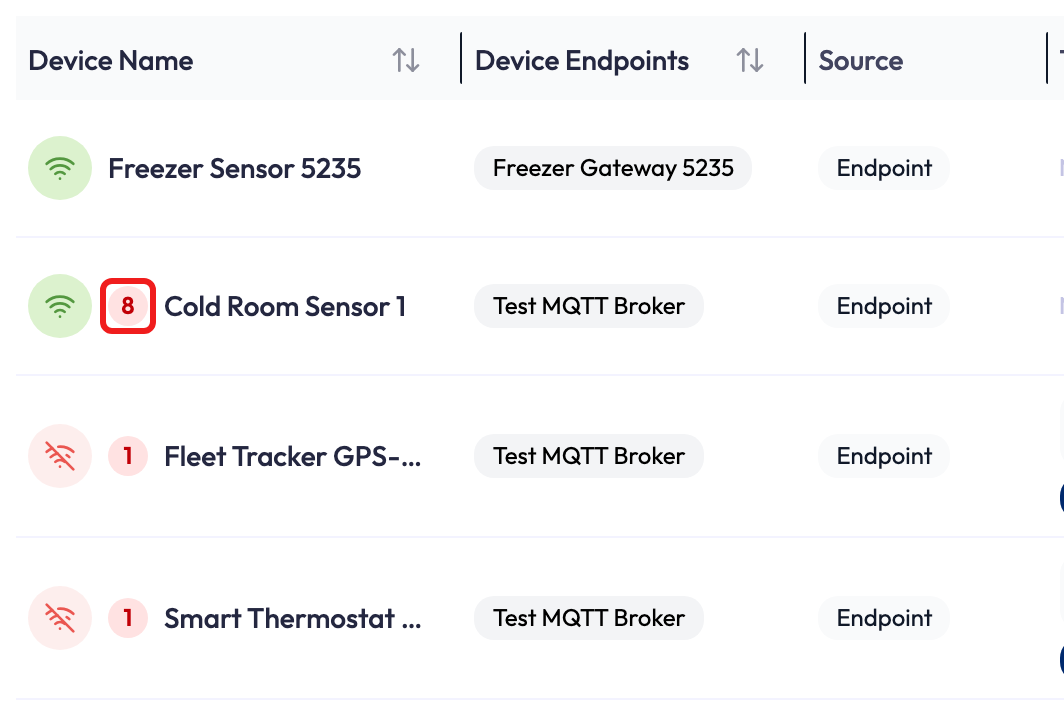 An application's Devices list with a red outline around an open alert count of 8 beside a connected device. Two disconnected devices show counts of 1; another connected device has no badge.