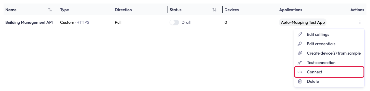 The Integrations table with one row, Building Management API, type Custom HTTPS, direction Pull, its Status switch off and labelled Draft. Its actions menu is open, listing Edit settings, Edit credentials, Create device(s) from sample, Test connection, Connect, and Delete. A red box surrounds Connect.